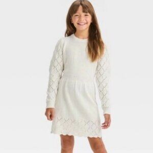 Cat & Jack Girls SZ L Cream Sweater Dress Gold Metallic Dusting Crochet Details